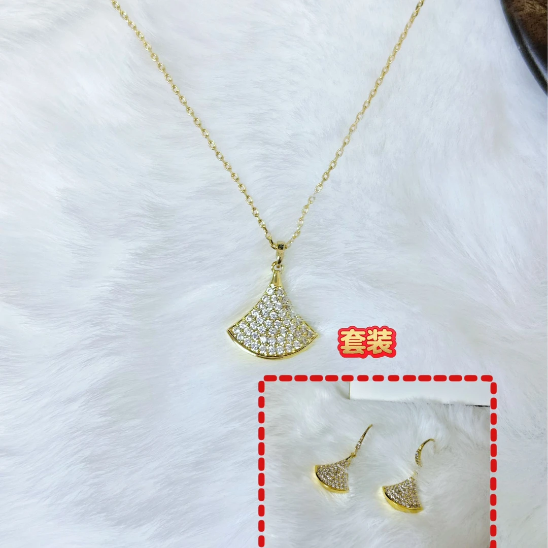 铜合金项链 经典轻奢小扇子项链链子饰品锁骨链耳环套装满钻