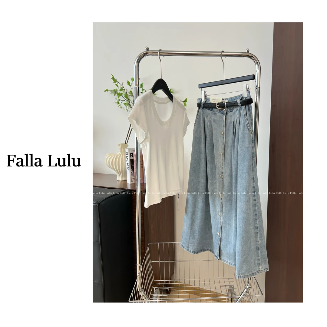 @英子家 高质感新款高腰显瘦百搭牛仔半身裙 A5784