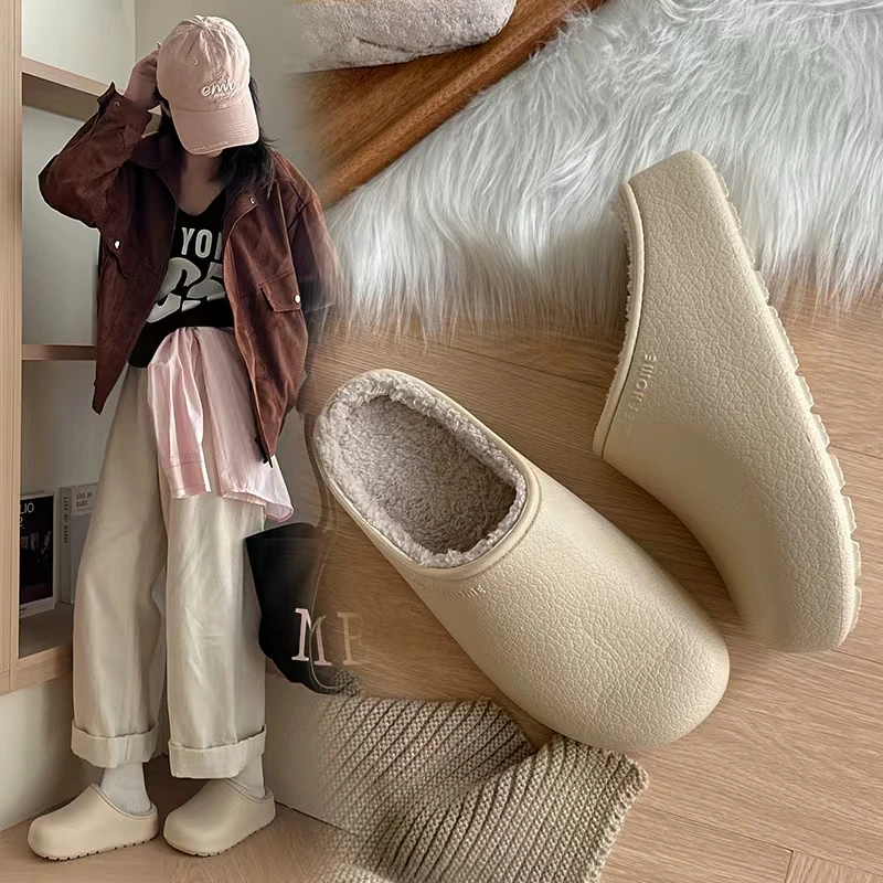 如沐丽抗菌勃肯鞋加绒女冬季厚底情侣毛绒保暖防水防滑棉拖鞋男商品图