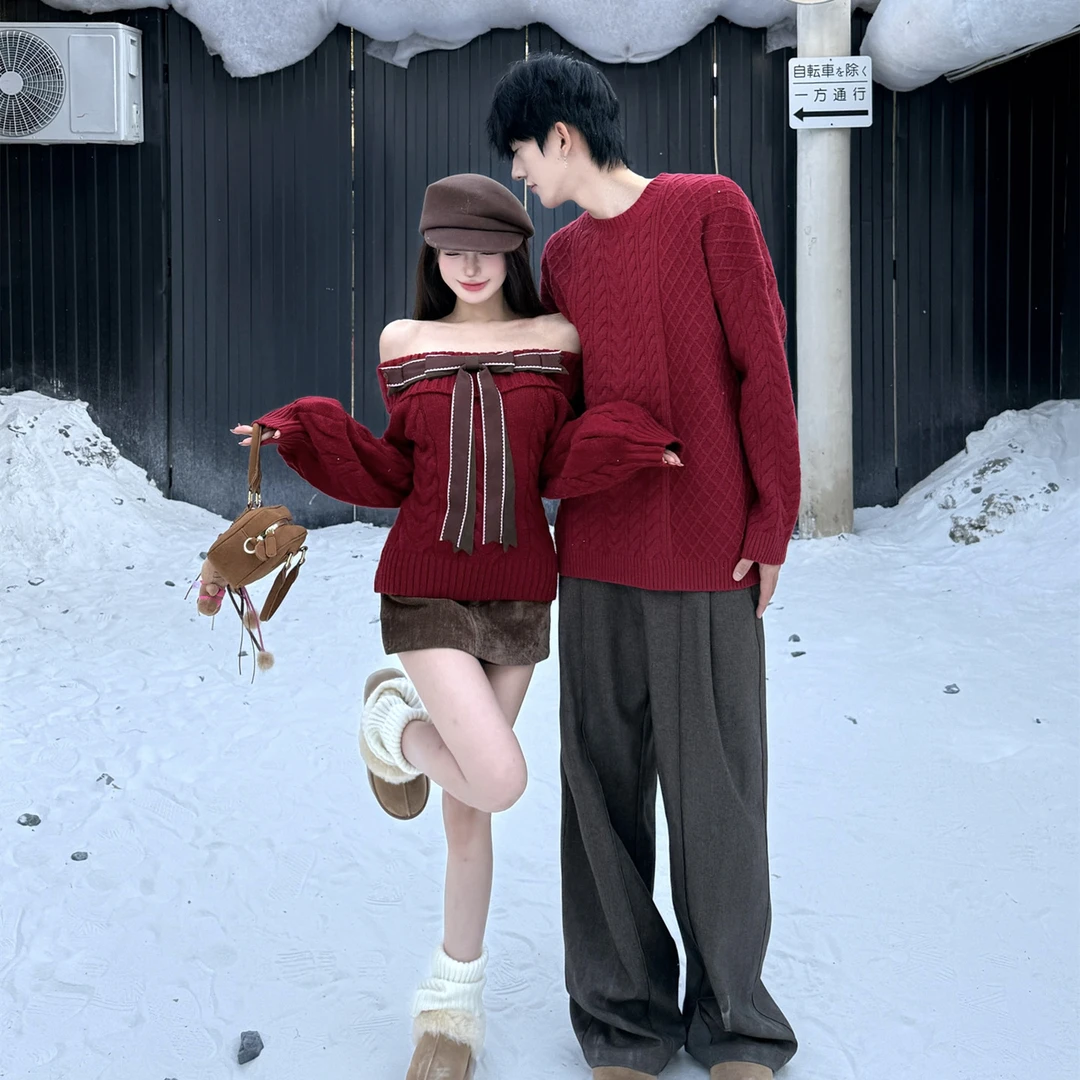 法式甜美风一字肩毛衣情侣装秋冬INS复古设计感男女蝴蝶结针织衫