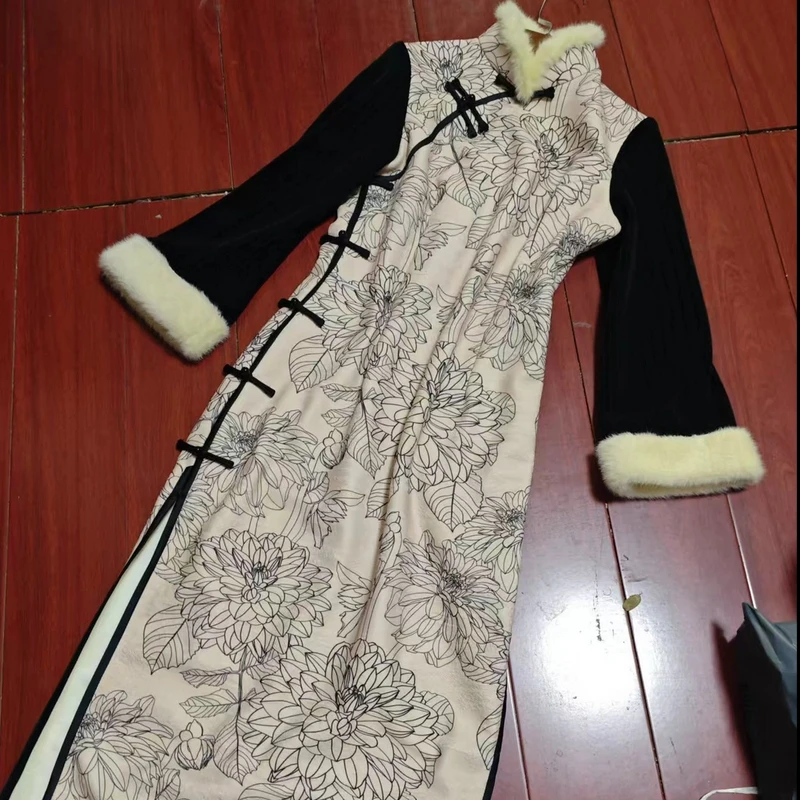 梦路 T597 冬季新款  美刻画 裙长115 加绒加厚长袖旗袍