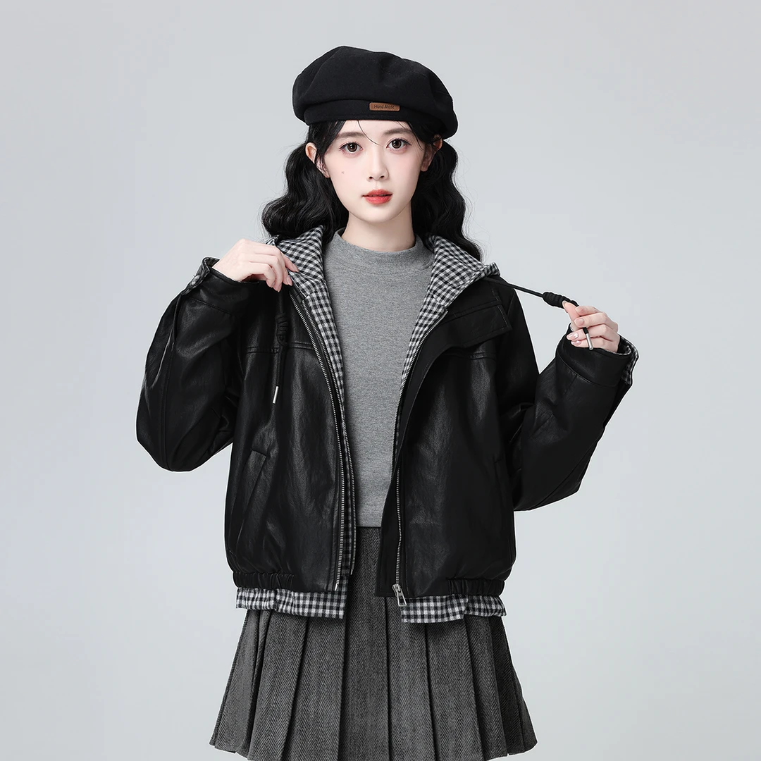 黑色假两件连帽皮衣棉服女冬2025新款加厚保暖夹棉外套夹克短上衣