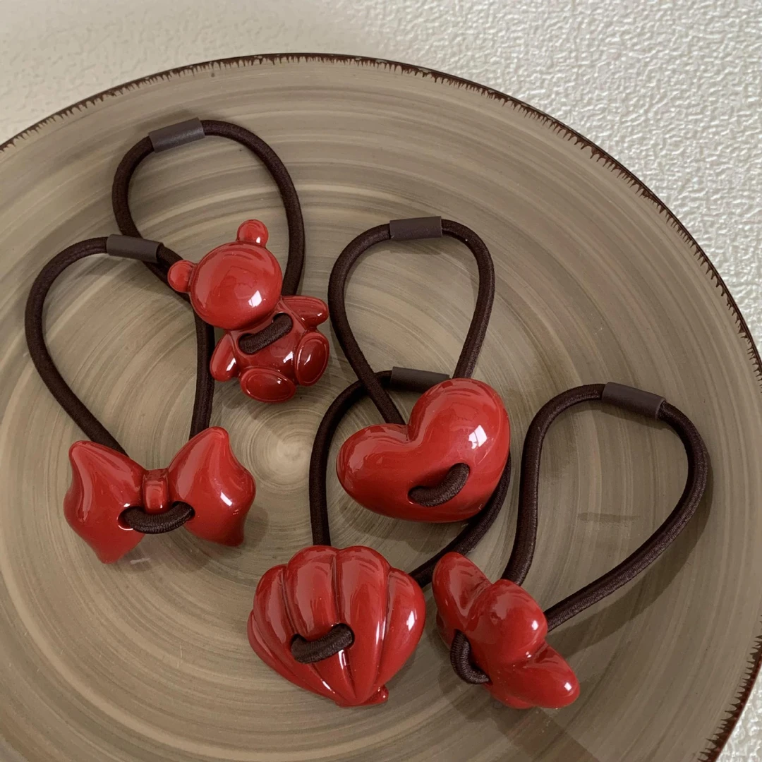 2025新款红色头绳喜庆中国风爱心丸子头发圈高级感皮筋女扎头皮套