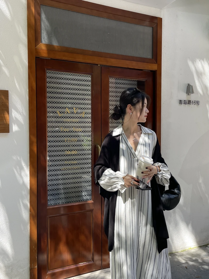米古古 SOUL DETAIL # 7306#福 条纹翻领设计感宽松休闲连衣裙