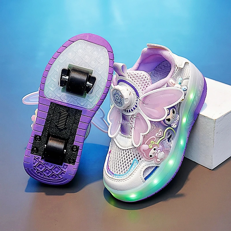 库洛米女童暴走鞋秋季镂空暴走单小孩运动儿童鞋子发光学生轮滑鞋