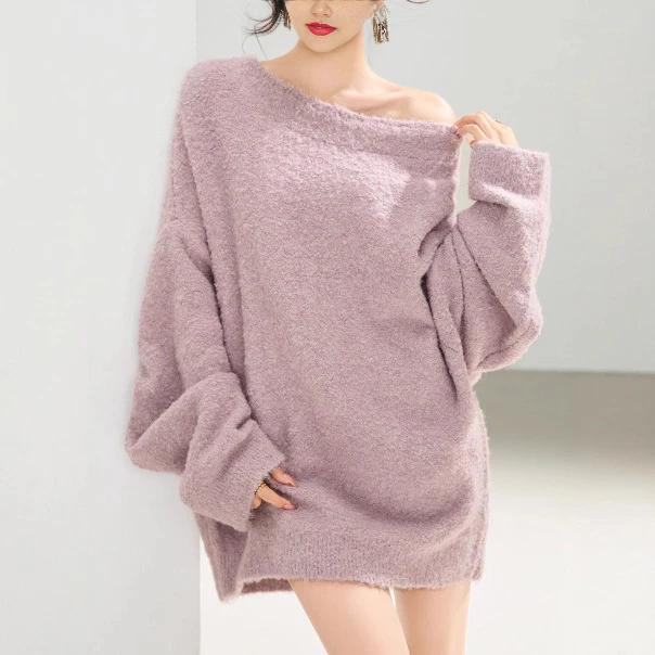 慵懒风辣妹斜肩宽松显瘦长袖针织衫毛衣女秋冬新款一字肩洋气上衣