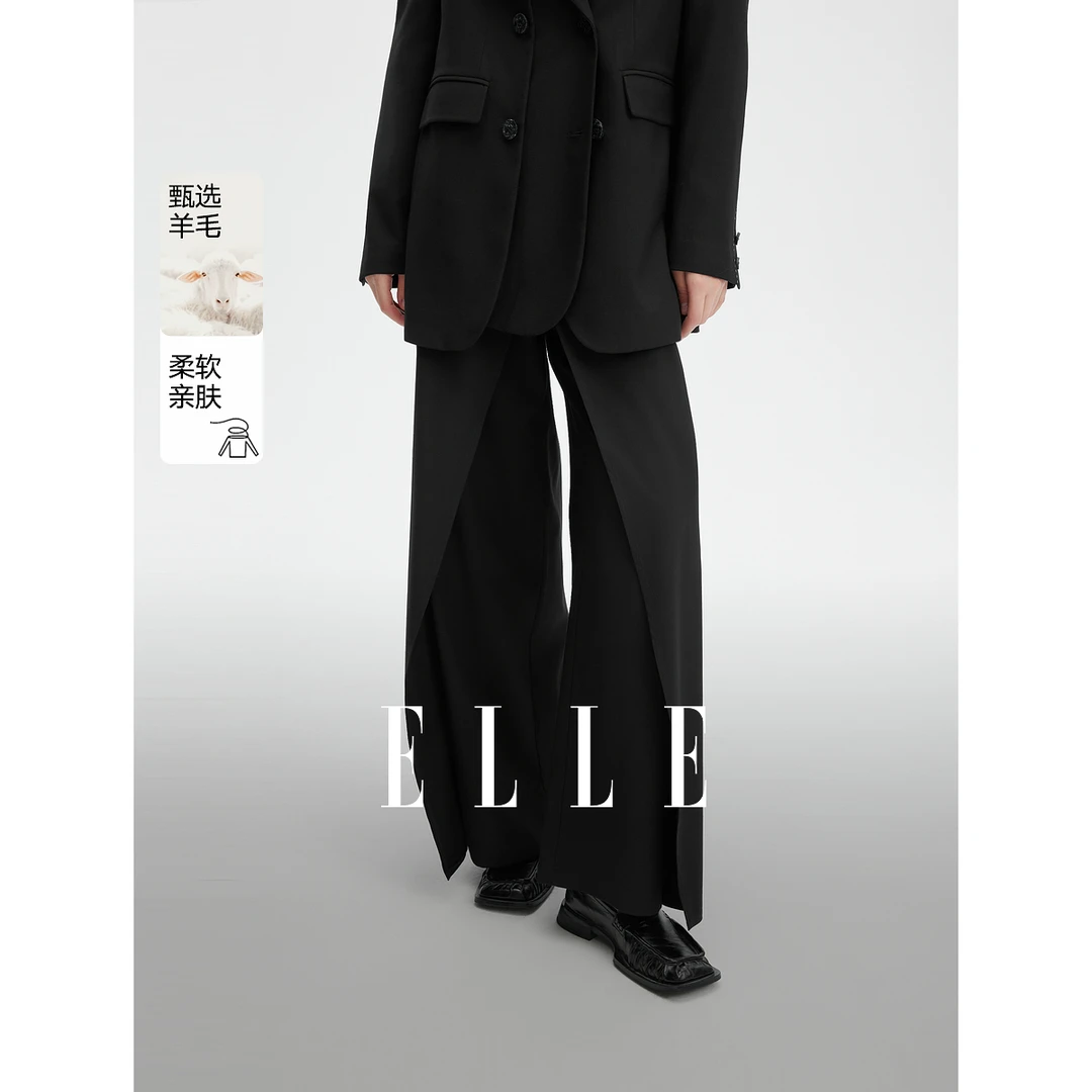 ELLE女装黑色珠片绣休闲裤2025秋新款小个子通勤直筒裤子EK52288
