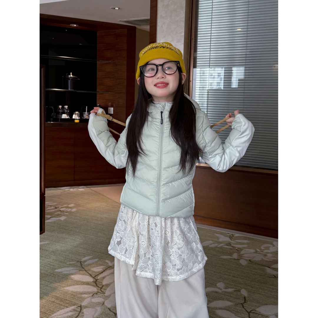 乐小悠童装女童羽绒服2025秋冬新款韩版拼袖连帽白鸭绒羽绒服潮童