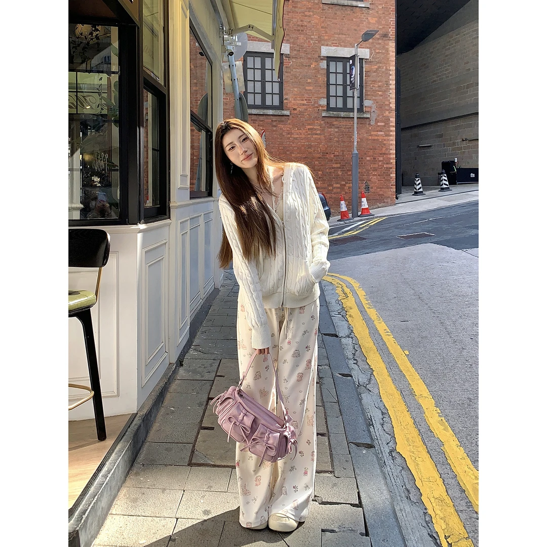 DREAM SEVEN77 高腰可爱小动物印花休闲裤女小众喇叭裤QN86430