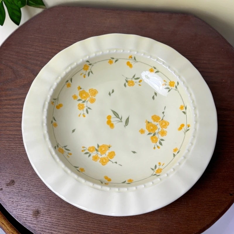 高颜值珠点黄花花草帽盘家用菜盘深盘西餐意面盘早餐盘 微瑕