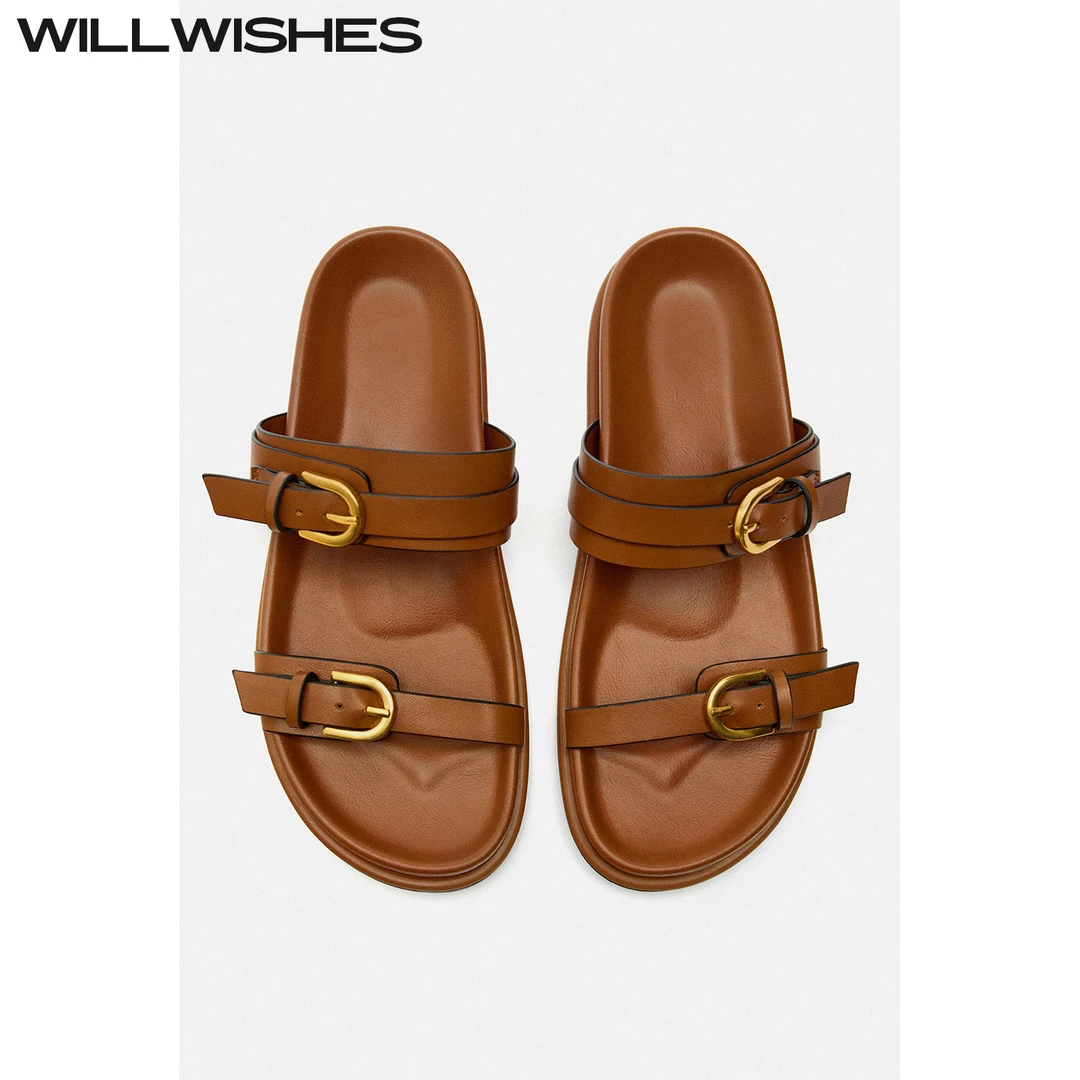 WILLWISHES/王玎设计2025夏季复古厚底凉拖鞋女一脚蹬勃肯平底鞋