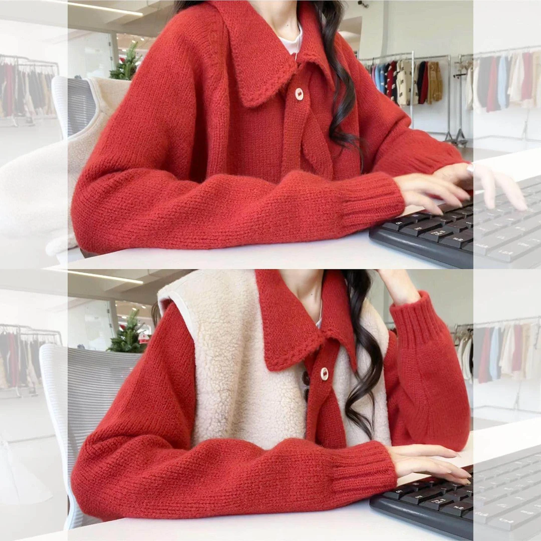 2025秋冬季新款女士氛围感穿搭红色翻领针织衫保暖加厚高级感上衣