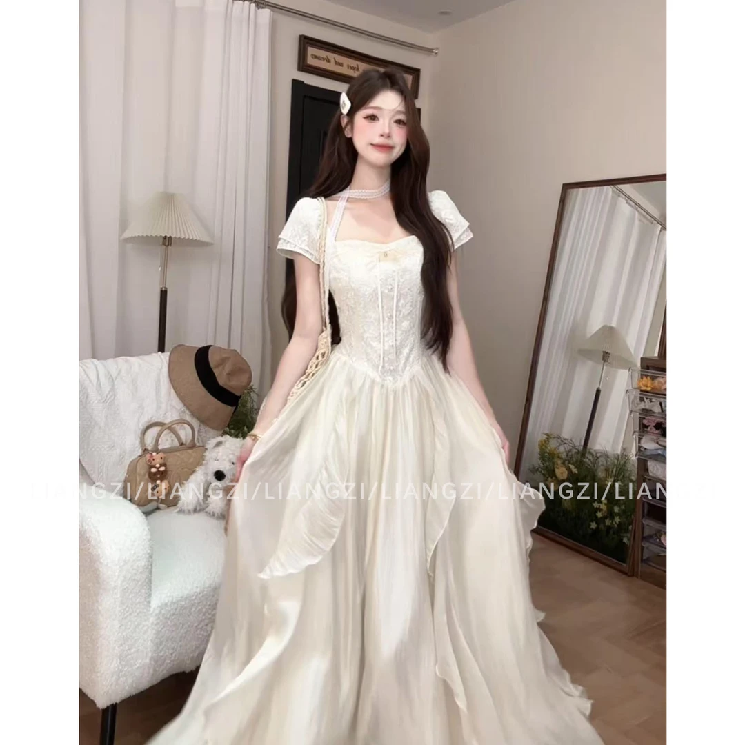梁子【茉莉摇枝】夏季甜美风不规则荷叶边长裙设计感收腰连衣裙