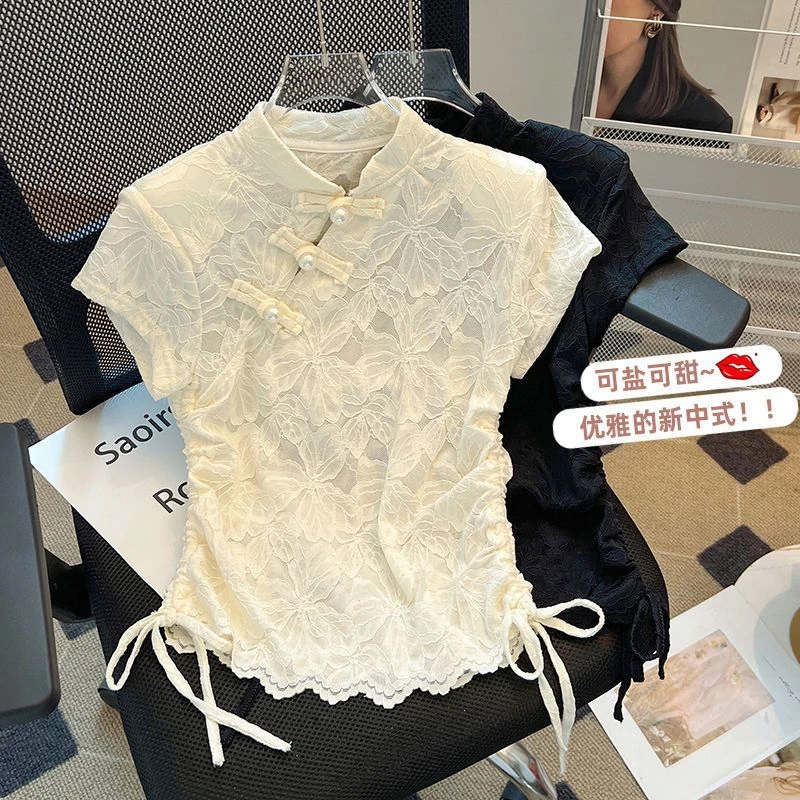 珍珠扣女装上衣新中式复古盘扣轻国风斜领透视短袖蕾丝衫夏季新款