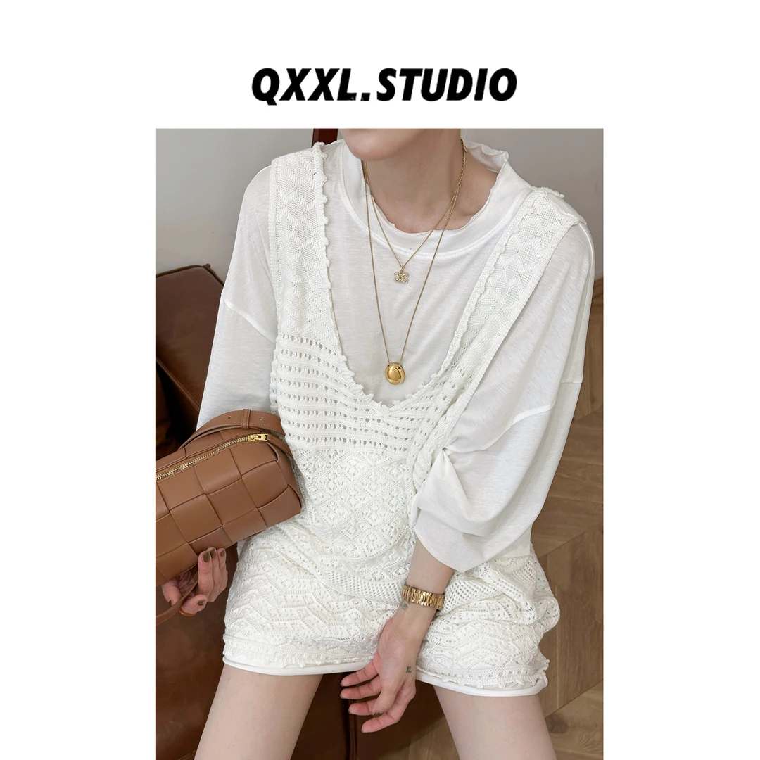 邱小小丽呀 夏季镂空针织钩花V领吊带马甲女百搭叠穿小众百搭上衣
