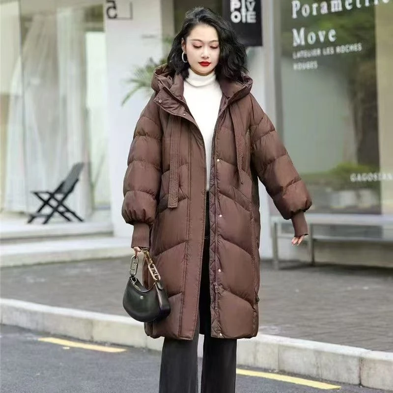 2025冬季新款女飘带宽松设计感时尚百搭连帽过膝白鸭绒羽绒服外套