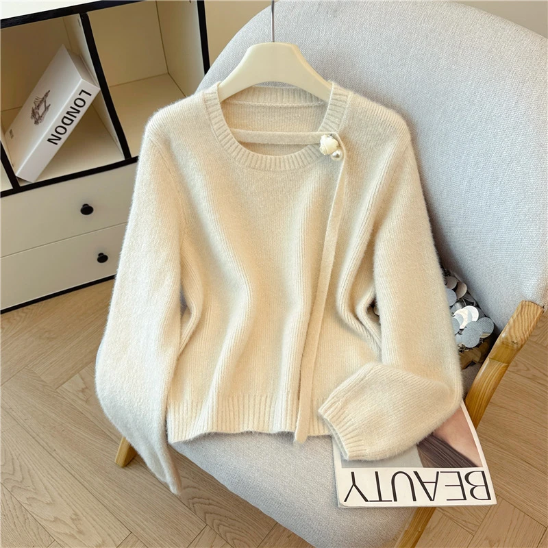 温柔风挂脖飘带水貂绒毛衣针织衫女2025新款独特绝美上衣