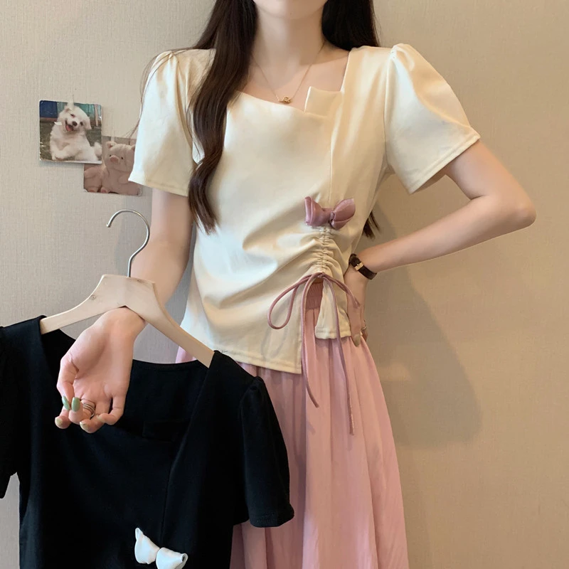 大码女套装胖mm夏季洋气抽绳不规则短袖T桖上衣显瘦半身裙两件套