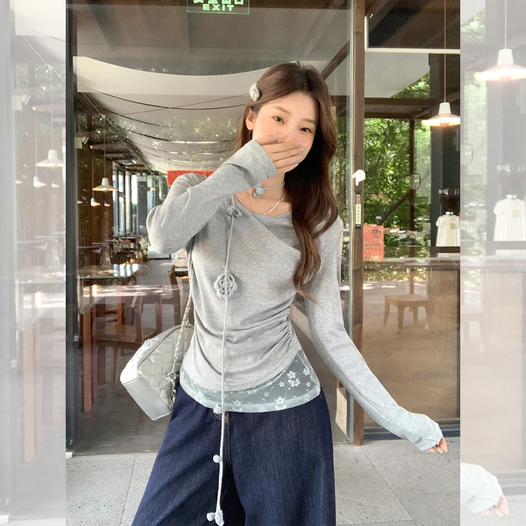 【现货】辣妹荡领斜肩花朵系带长袖T恤女年秋蕾丝褶皱掐腰打底上衣