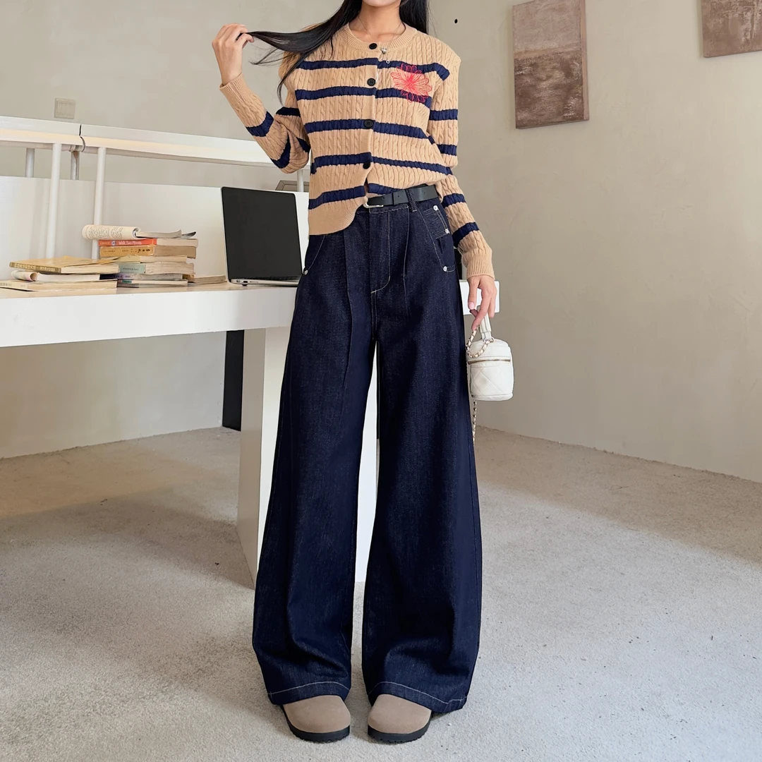 JS8025【防褪色】潮流前端新款丹宁蓝宽松窄版裤阔腿女牛仔裤高腰