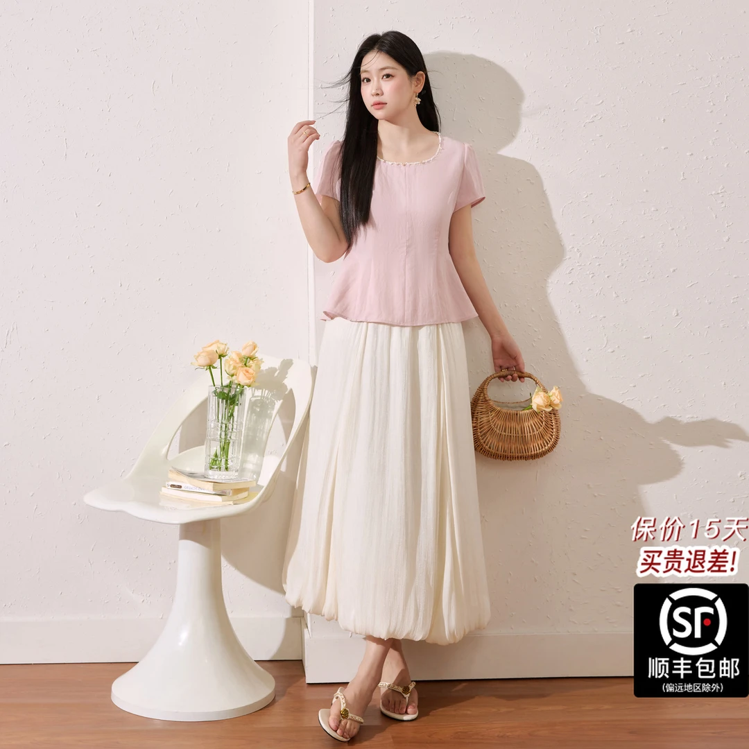 蓝语大码女装温柔减龄掐腰小衫巨显瘦花苞半身裙夏整套穿搭13341