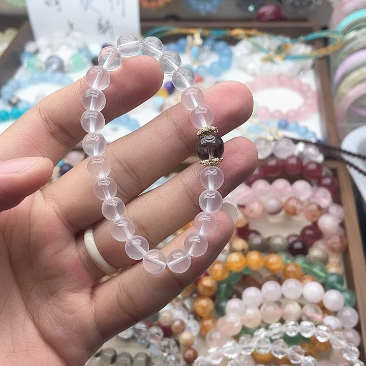 烟晶手链银S925镶嵌净体奶白茶水晶