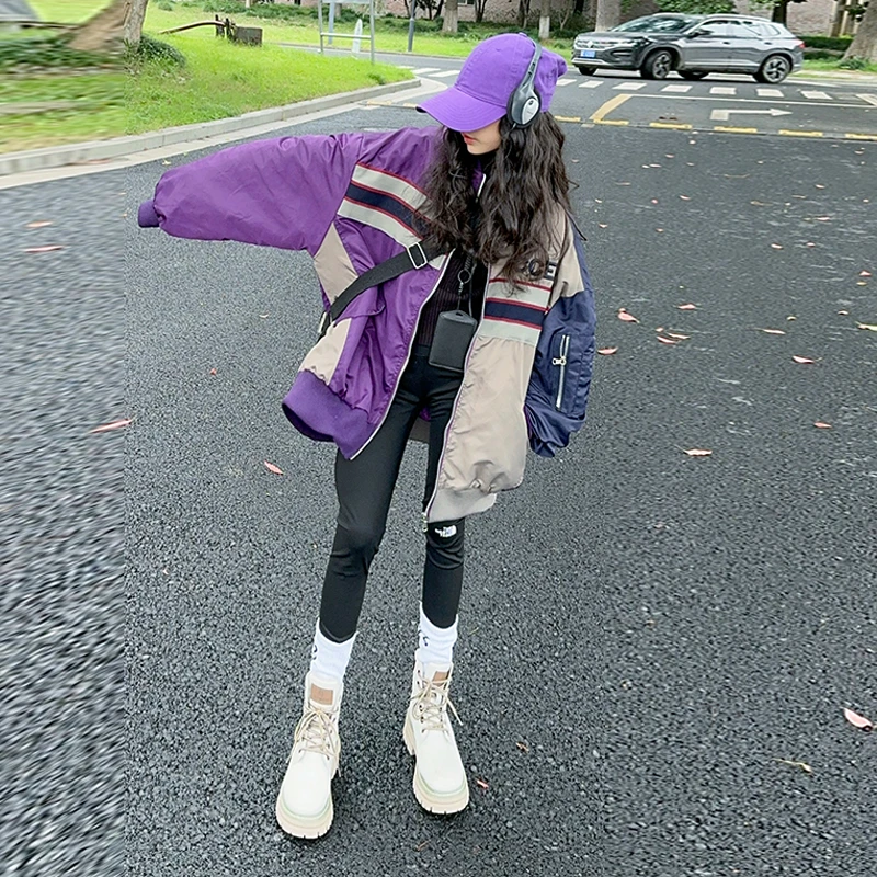 女童撞色秋装2025新款春秋棒球服外套夹克衫宽松上衣女童开衫潮