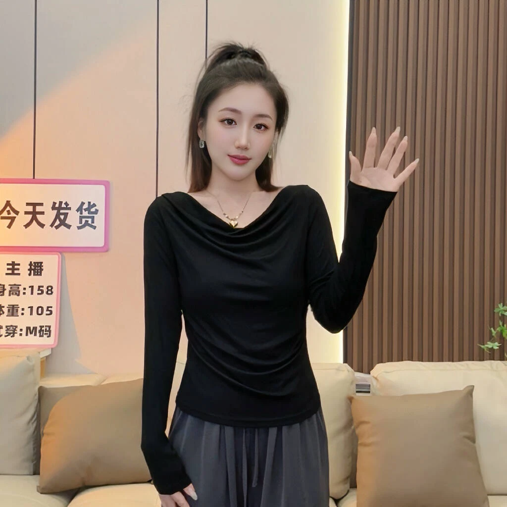 2025新款黑色长袖T恤女春秋冬一字肩极简早秋装打底衫上衣0058-6