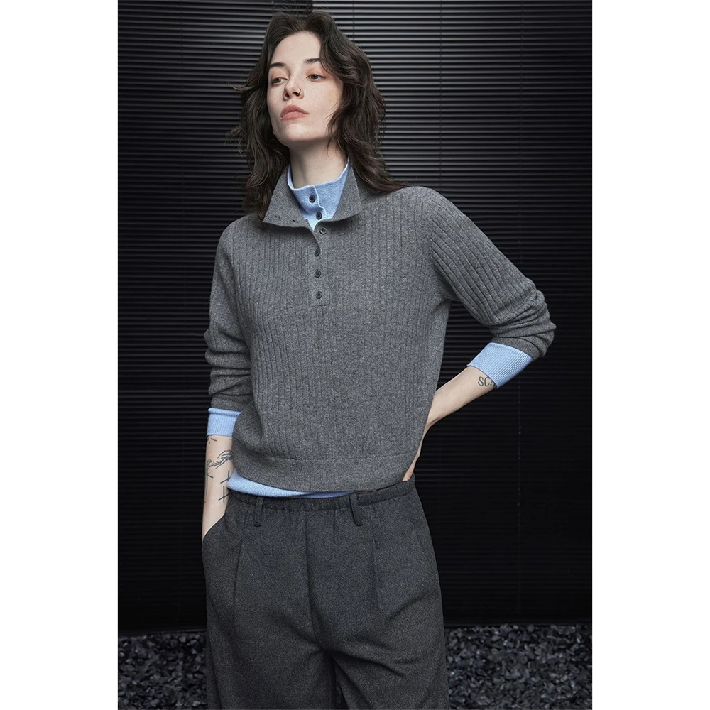 法式高级感灰色高领毛衣针织衫女秋冬假两件撞色设计感半开领上衣