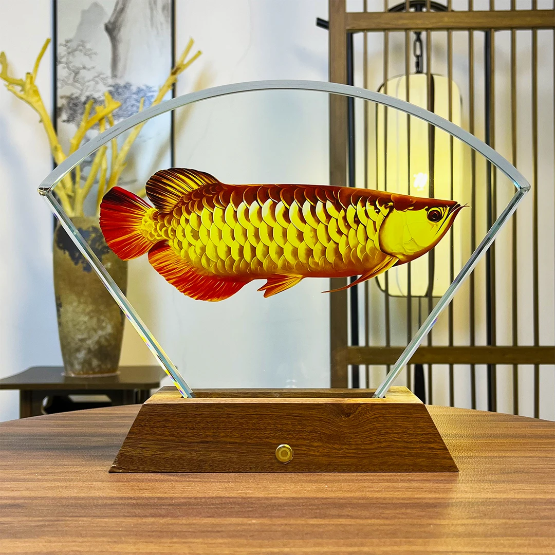 【金龙鱼】刻画在水晶里面 发光内雕水晶砖摆件装饰品 客厅 卧室