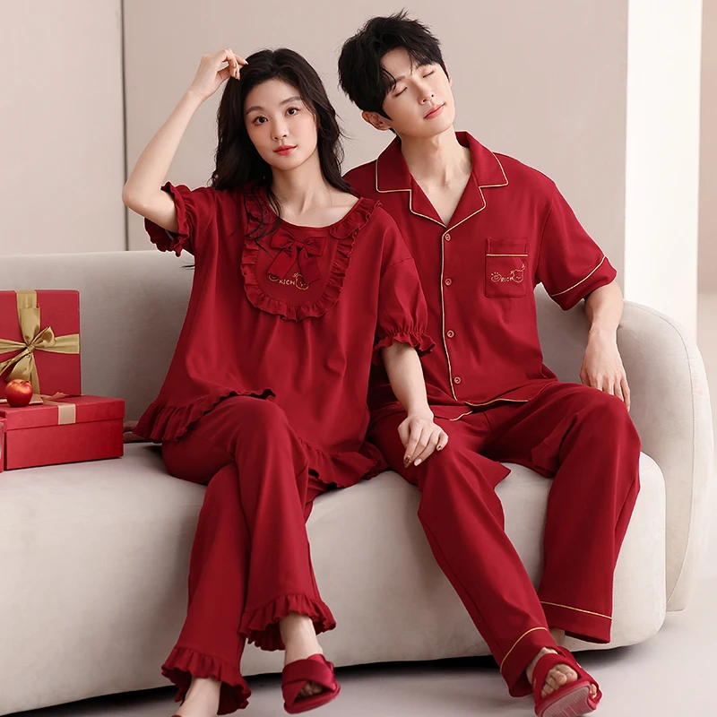 情侣睡衣春夏季纯棉红色新娘本命年新婚新款时尚男女款家居服套装