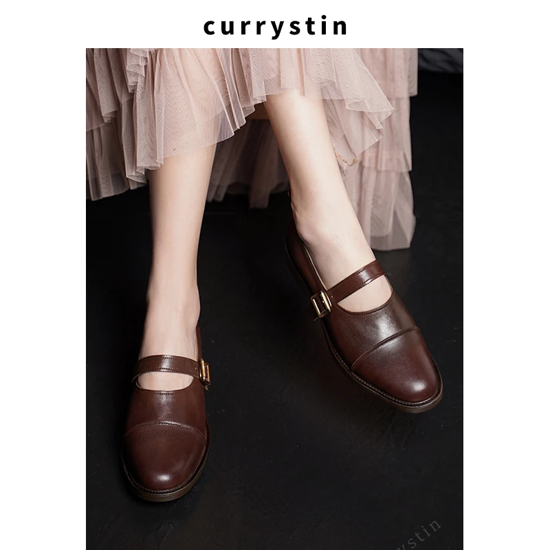 2025春季新款头层牛皮单鞋粗跟圆头薄款一字带玛丽珍鞋鞋大码4142