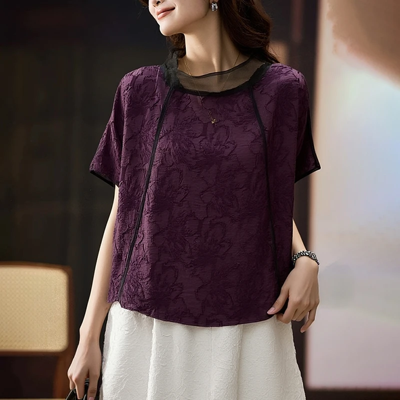 立领碎花设计感衬衫女夏季2025新款时尚减龄洋气网纱拼接短袖上衣