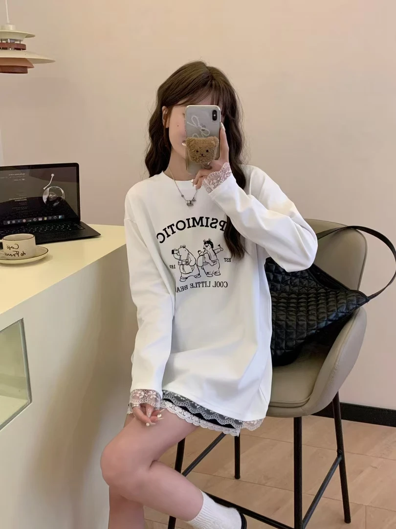 089【春季新款】前印两只背包小熊卡通宽松百搭圆领T恤（7636）