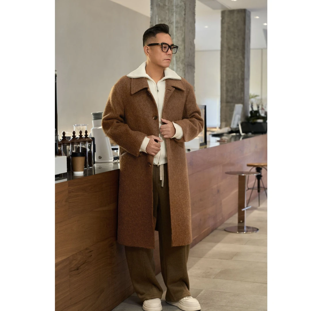 路易诗兰LOUISLONG秋冬栗子棕时尚羊毛驼毛极简风翻领宽松型大衣