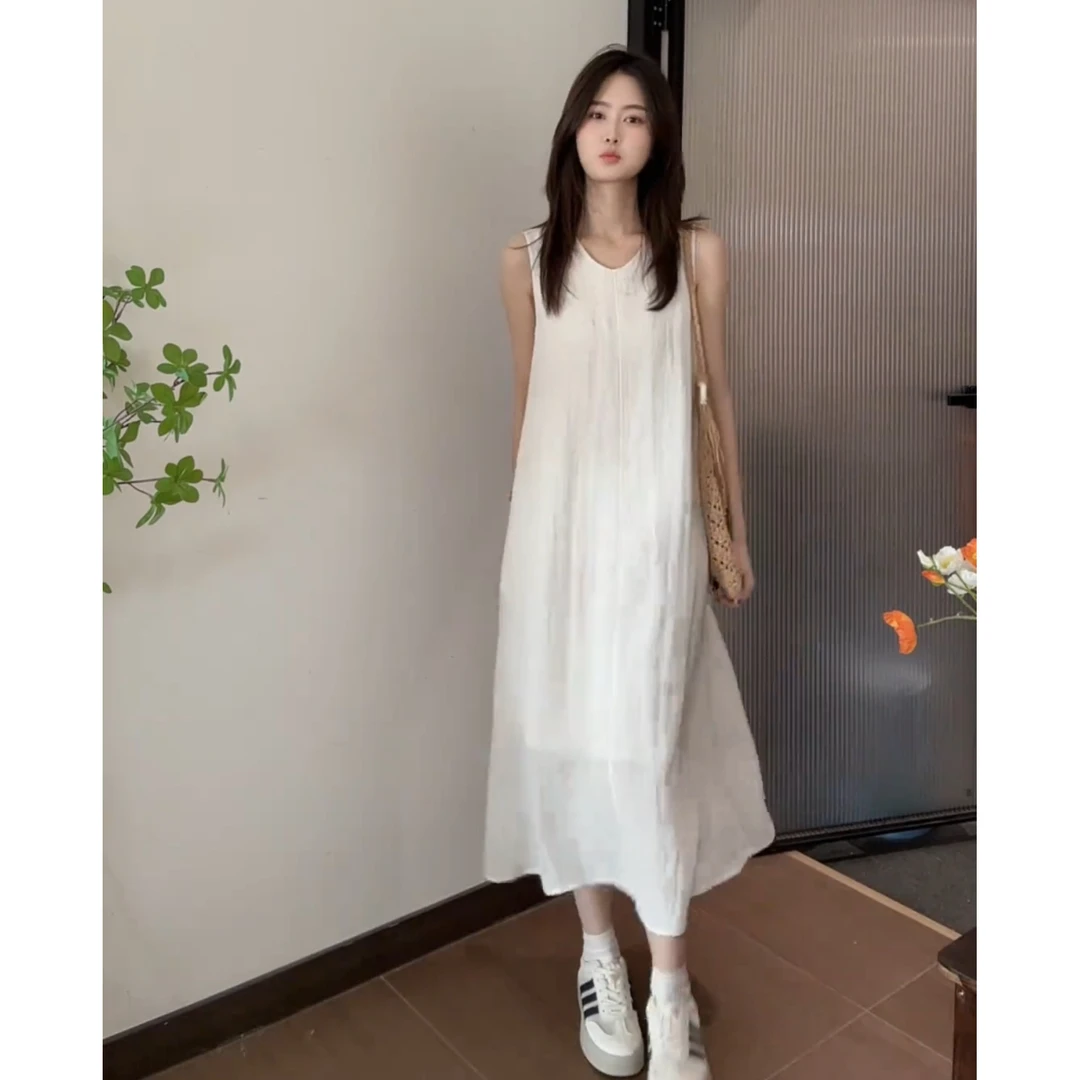 气质法式宽松中长款无袖纯色设计感纯棉连衣裙