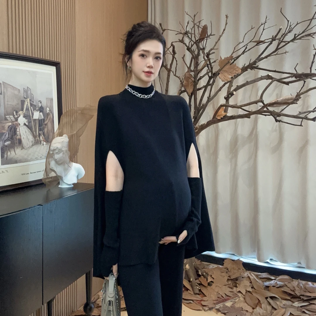 Zoey孕妇装［再见赫本］秋冬蝙蝠袖显瘦针织上衣搭袖套搭裤子套装