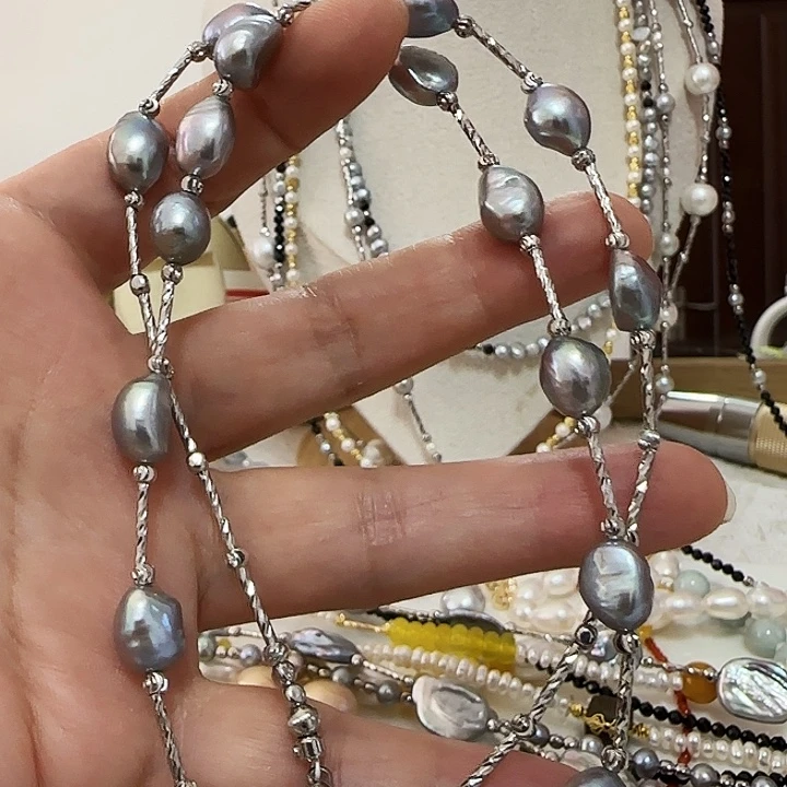 淡水珍珠颈饰未镶嵌9灰珠大颗粒巴洛克有纹