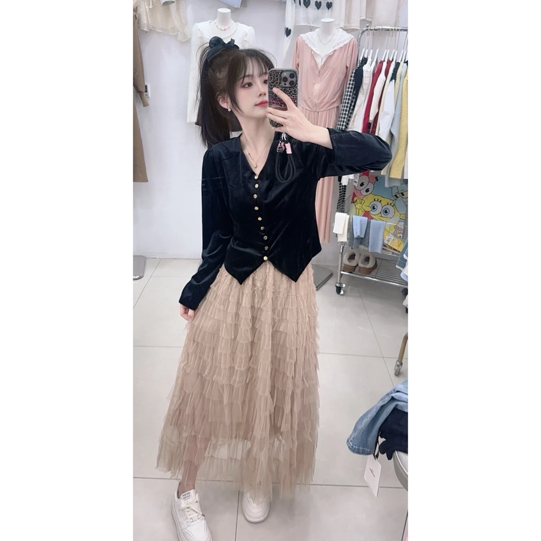 666金丝绒蛋糕裙两件套套装