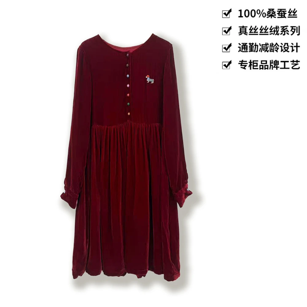 100桑蚕丝丝绒通勤撞色彩扣小马圆领真丝丝绒连衣裙QKA31