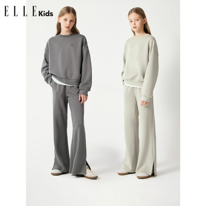 ELLEkids童装 刺绣休闲运动套装女童春季新款宽松卫衣+裤子S2