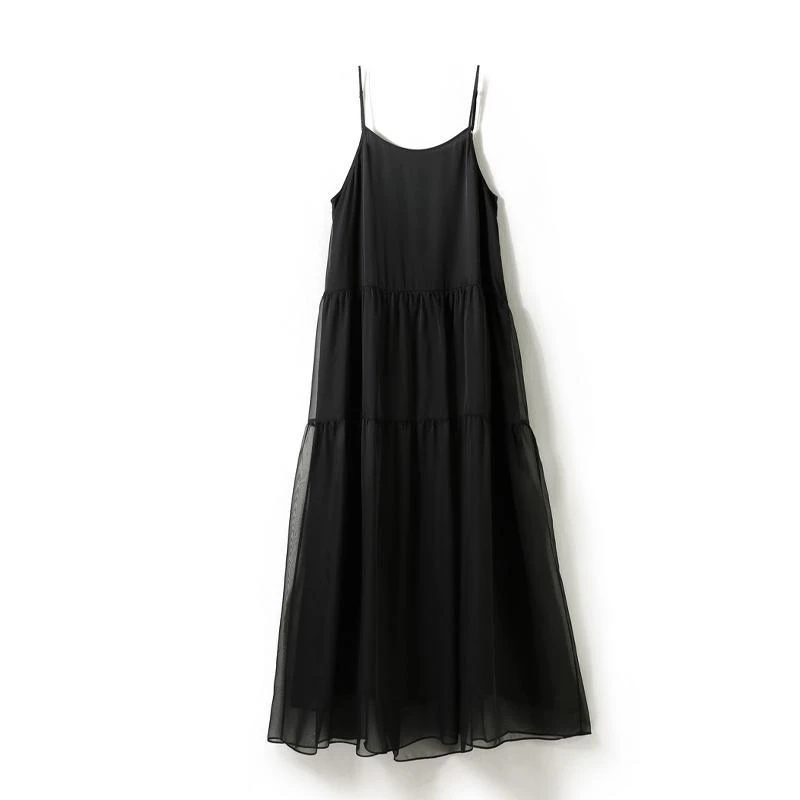 夏季赫本风黑色吊带连衣裙梨形身材微胖mm宽松遮肉中长雪纺吊带裙