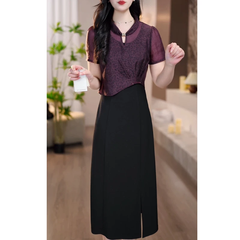 设计感2025夏款深紫色小立领罩衫+黑色修身简约时髦背心裙两件套