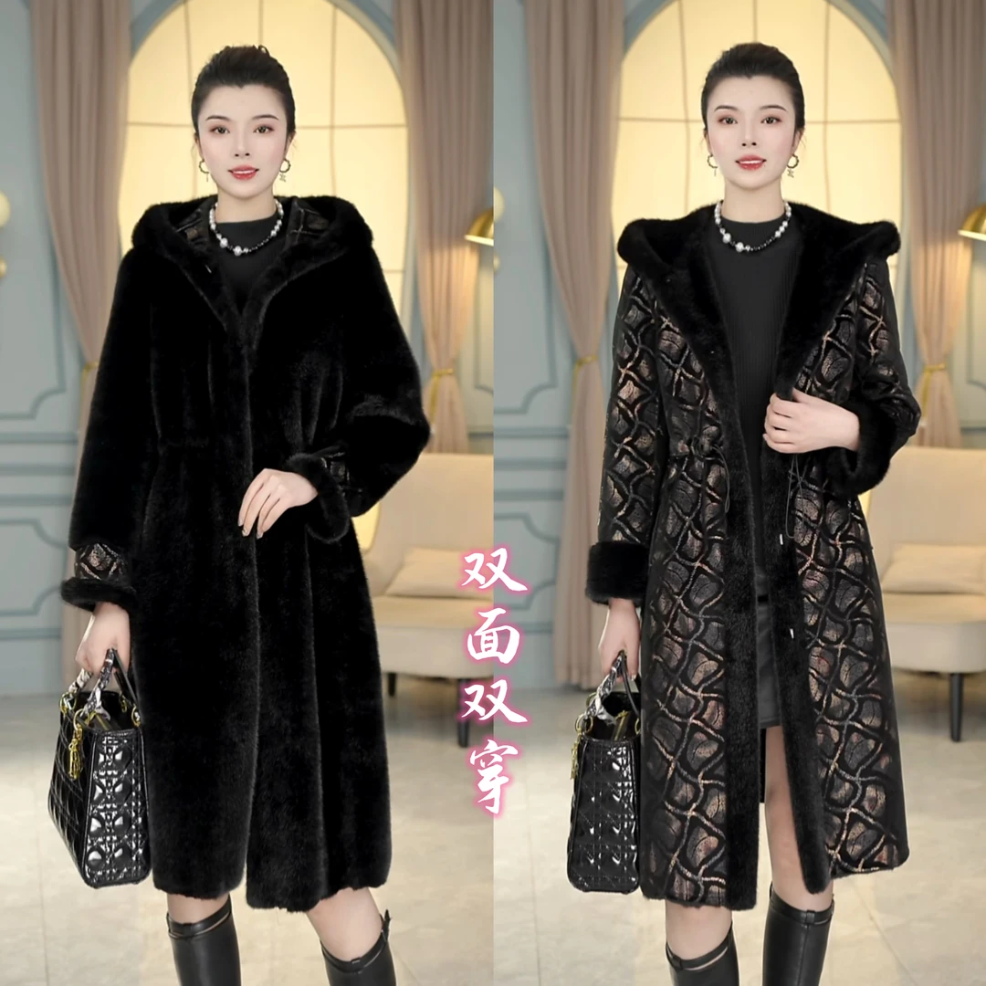 吉帝鸟2025冬季新款连帽皮毛一体双面穿气质妈妈中长款外套 C068