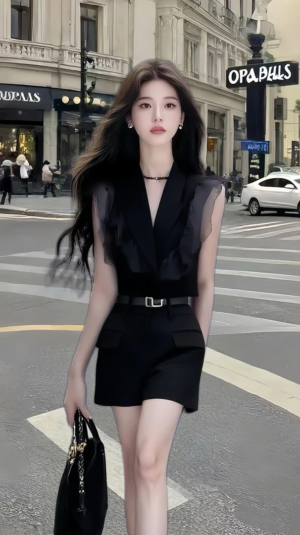 暗夜黑小众设计感上衣修身长短裤气质辣妹纯欲新款夏季时尚2025新