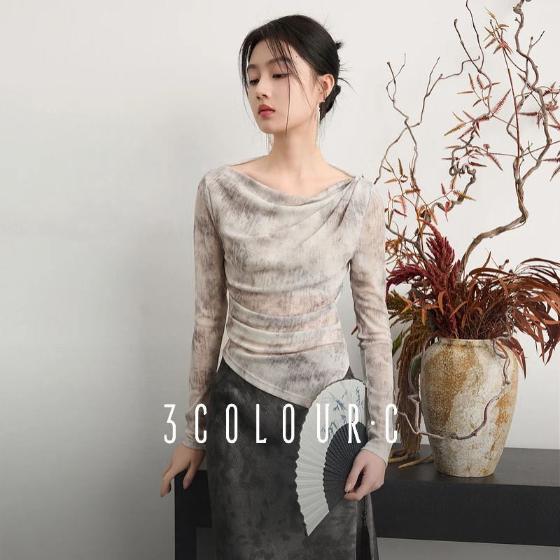 三彩2025春季新款一字领修身短款长袖T恤扎染网纱皮肤衣打底衫女