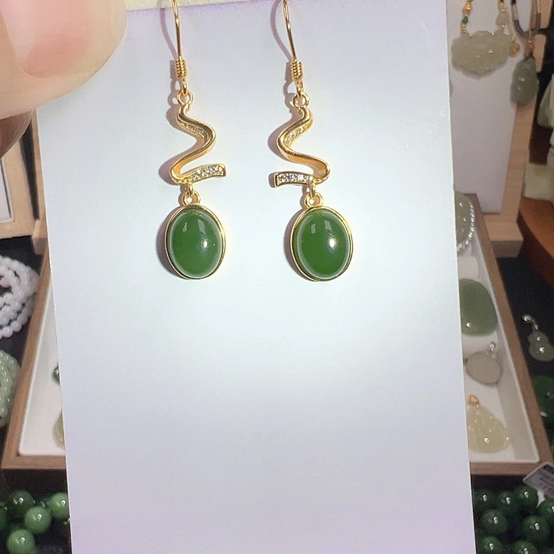 和田玉（碧玉）银S925镀金镶嵌耳饰