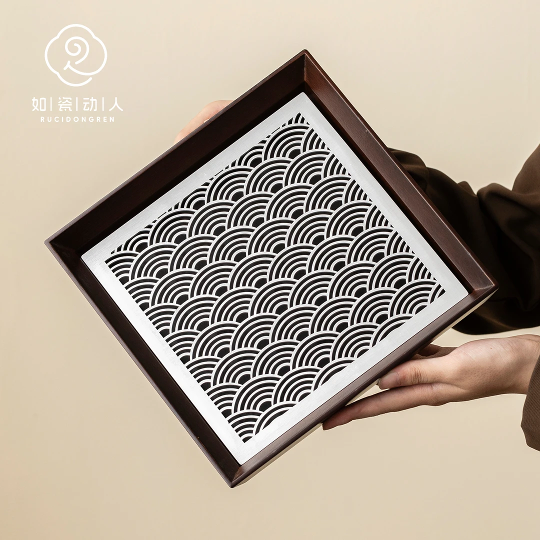 如瓷动人铝合金方形竹茶盘家用轻奢高档小型茶台储水沥水干泡托盘