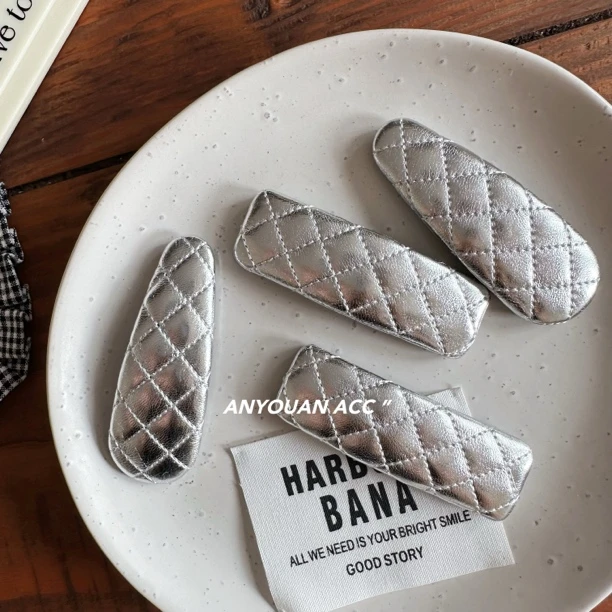 立体菱格·银色pu时髦百搭发夹女简约高级发饰碎发bb夹刘海夹