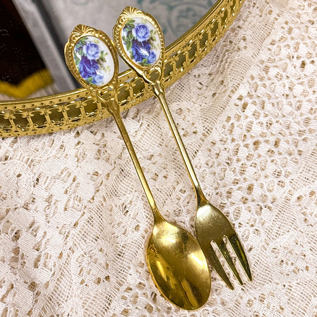 月光玫瑰同款花色咖啡勺蛋糕叉休闲家用长柄轻奢精致咖啡勺下午茶